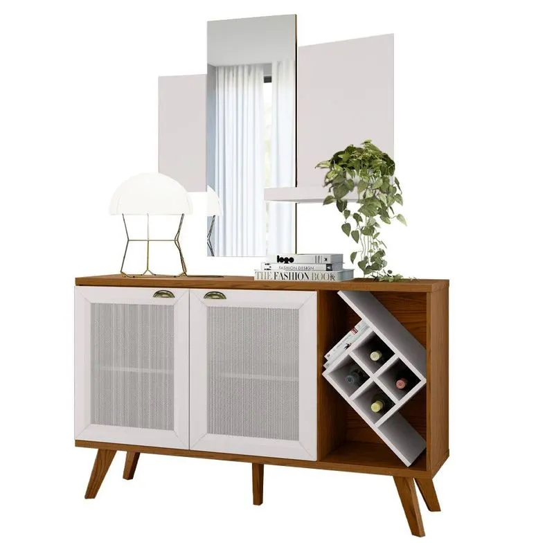 Kit Balcão Buffet Para Sala Com Espelho Decorativo 91cm Atlanta N01 Off White Imbuia - Lyam Decor