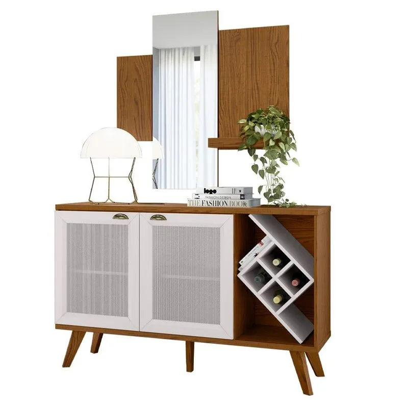 Kit Balcão Buffet Para Sala Estar Com Espelho Decorativo 91cm Atlanta N01 Ypê Off White - Lyam Decor