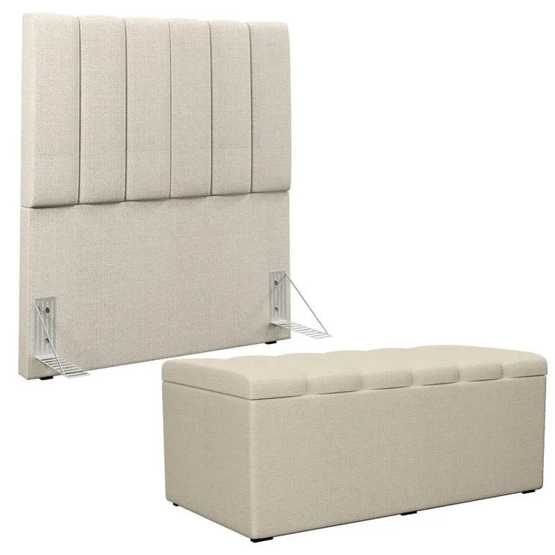 Kit Cabeceira Solteiro 100cm Calçadeira Baú Champagne
