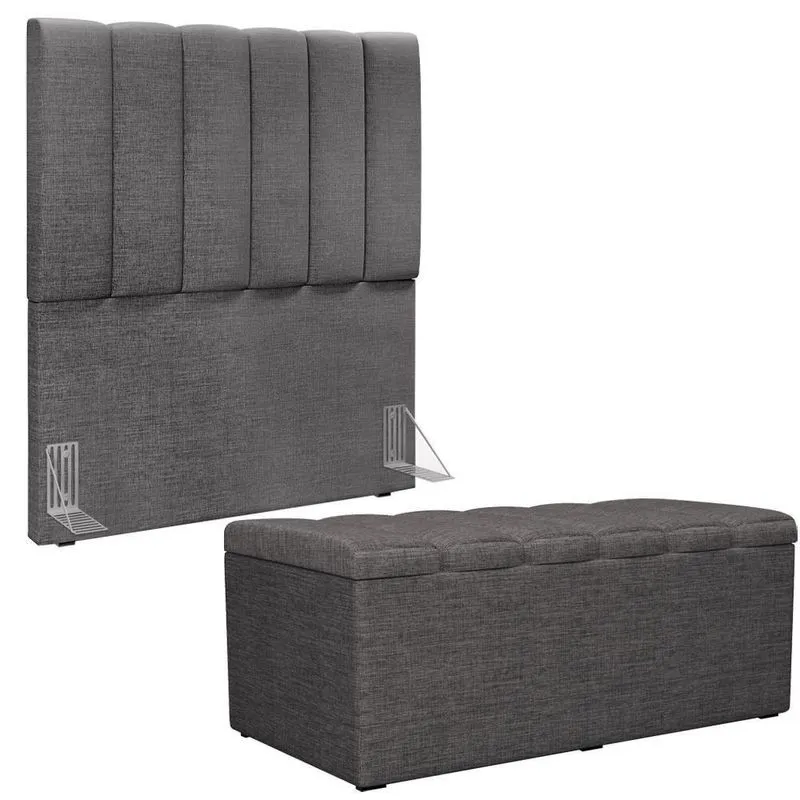 Kit Cabeceira Solteiro 100cm C/Calçadeira Baú Cinza Escuro