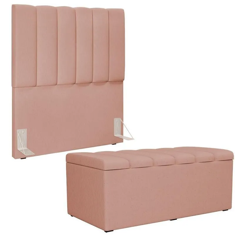 Kit Cabeceira Solteiro 100cm Com Calçadeira Baú Rosê