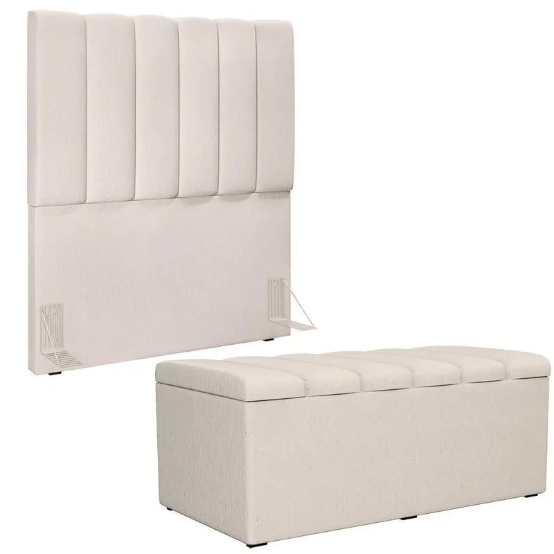 Kit Cabeceira Solteiro 100cm C/Calçadeira Recamier Baú Cru