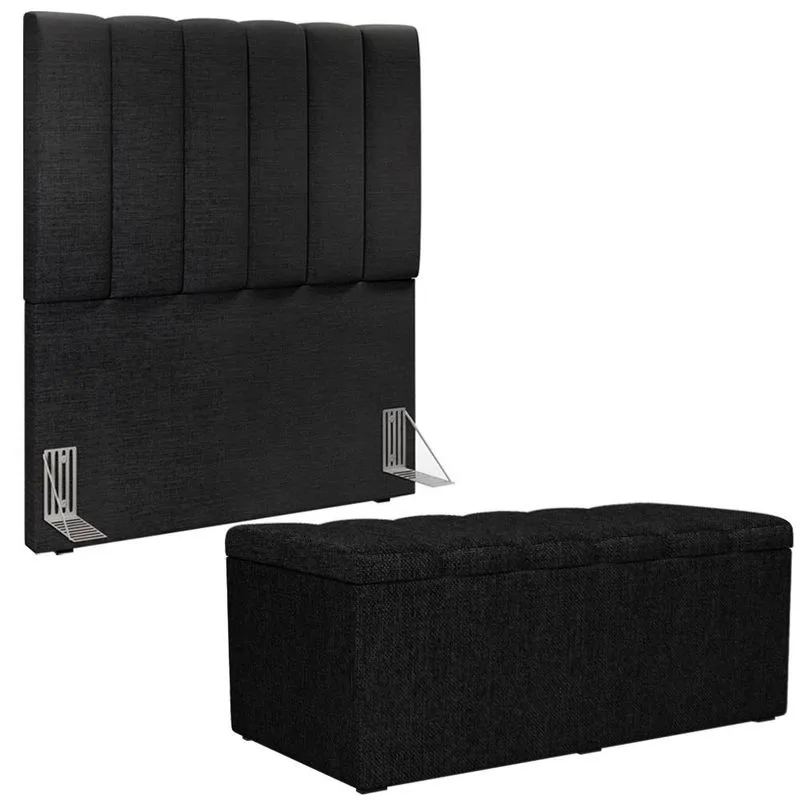 Kit Cabeceira Cama Box Solteiro 100cm e Calçadeira Recamier Baú Dália W01 Linho Chumbo - Lyam Decor