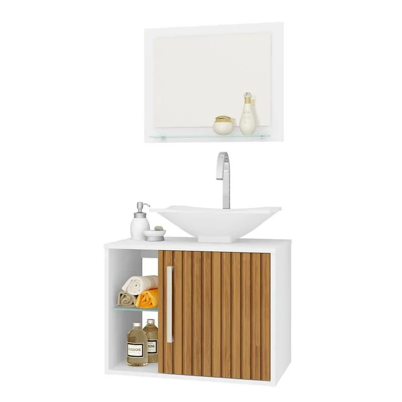 Conjunto Para Banheiro Gabinete com Cuba E Espelho Baden B02 Branco Ripado - Lyam Decor