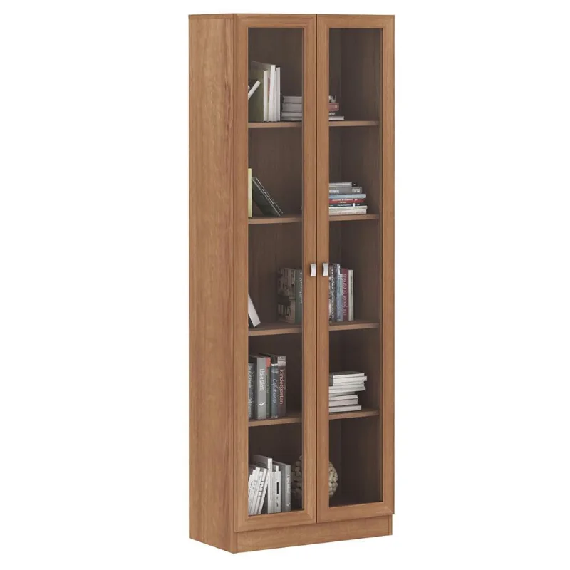 Estante Escritório Home Office 2 Portas De Vidro 4 Prateleiras Cannes 171cm T01 Amêndoa - Lyam Decor - Lyam Decor