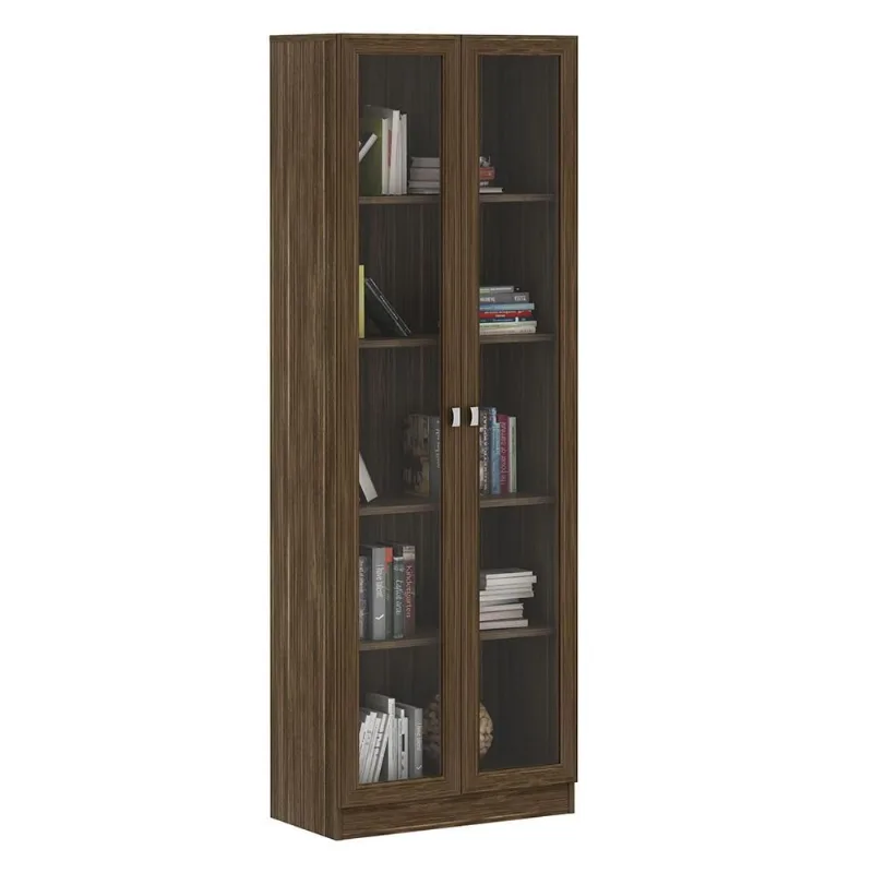 Estante Escritório Home Office 2 Portas De Vidro 4 Prateleiras Cannes 171x59 T01 Nogal - Lyam Decor - Lyam Decor
