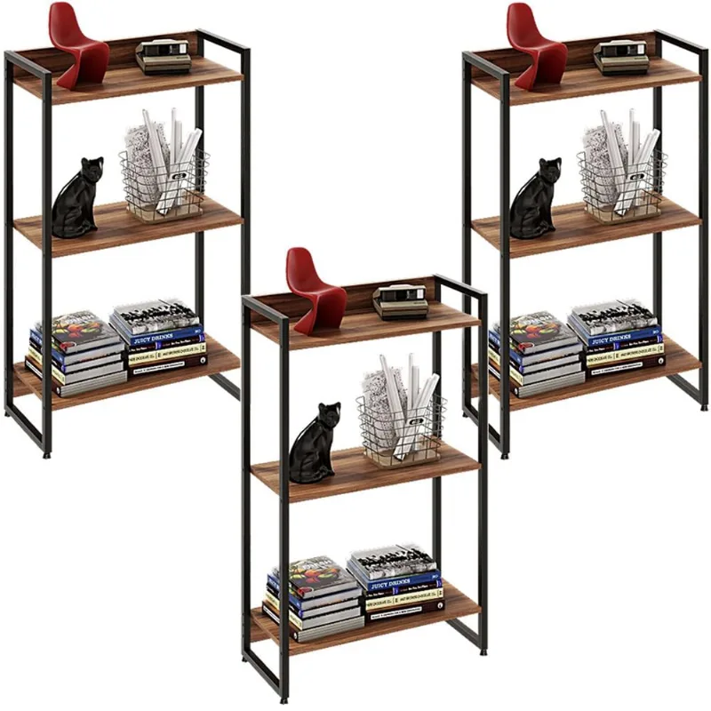 Kit 3 Estantes Multiuso Escritório Industrial 3 Prateleiras Areta 104x60cm C01 Nogal - Lyam Decor - Lyam Decor