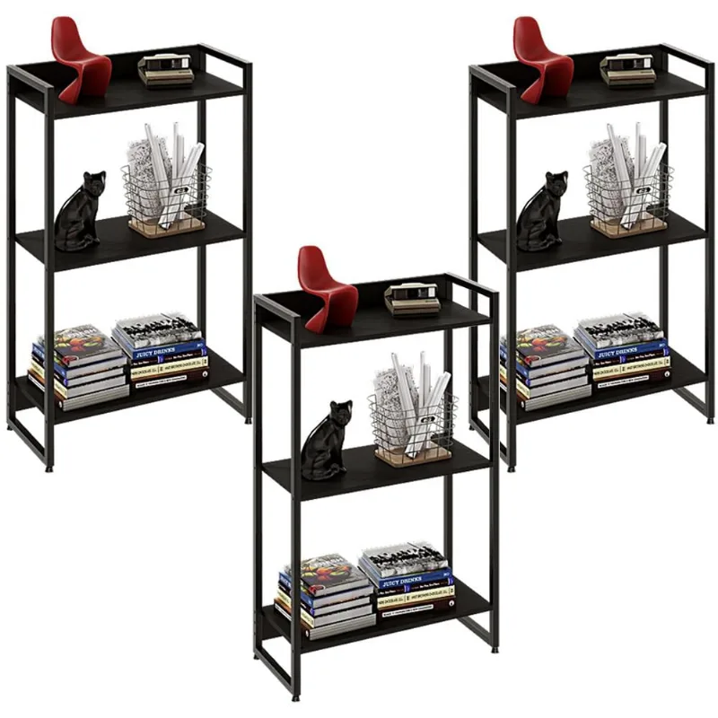 Kit 3 Estantes Multiuso Escritório Industrial 3 Prateleiras Areta 104x60cm C01 Onix - Lyam Decor - Lyam Decor