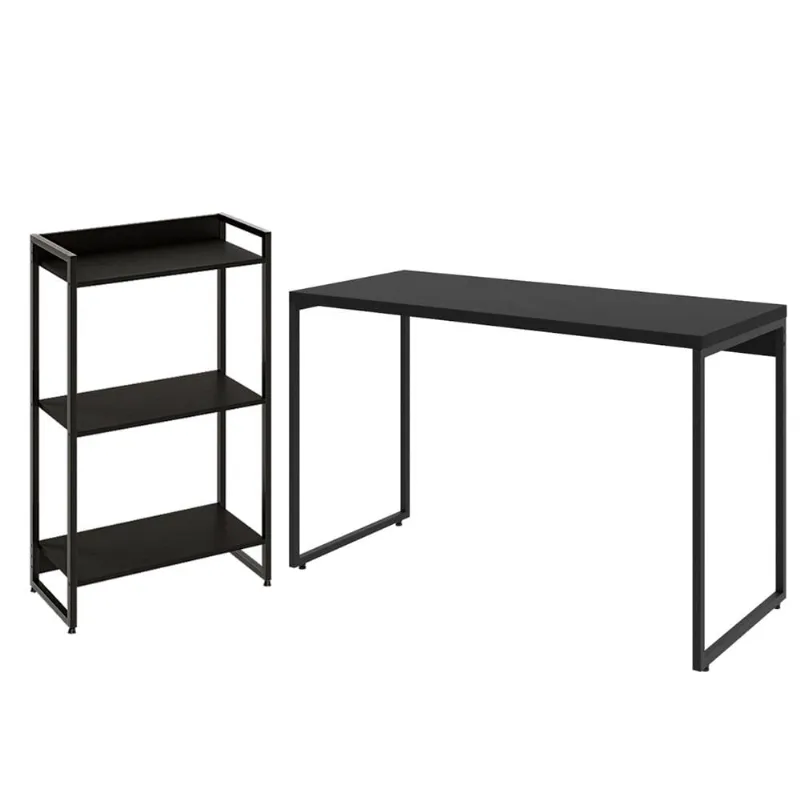 Kit Escritório Estante Areta 3 Prateleiras com Mesa Industrial Aspen 120cm C01 Onix - Lyam Decor - Lyam Decor