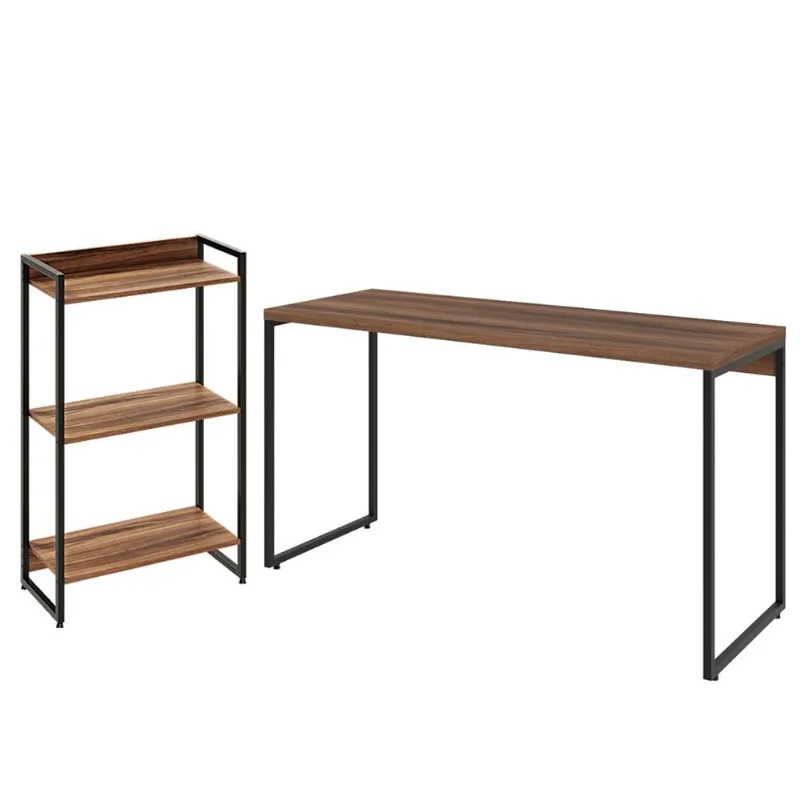 Kit Escritório Estante Areta 3 Prateleiras com Mesa Industrial Aspen 135cm C01 Nogal - Lyam Decor - Lyam Decor