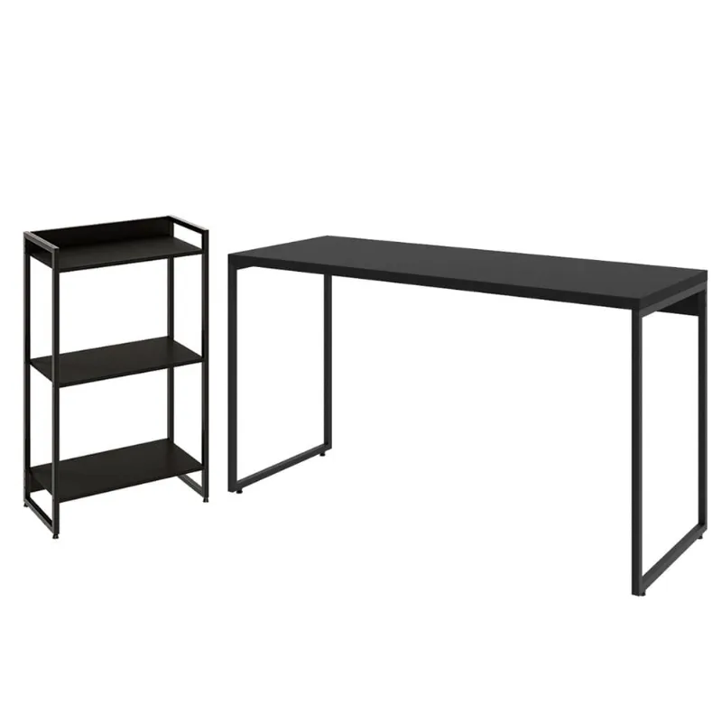 Kit Escritório Estante Areta 3 Prateleiras com Mesa Industrial Aspen 135cm C01 Onix - Lyam Decor - Lyam Decor