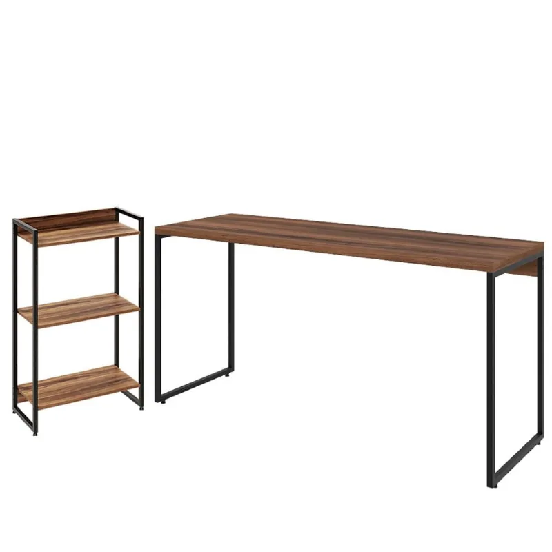 Kit Escritório Estante Areta 3 Prateleiras com Mesa Industrial Aspen 150cm C01 Nogal - Lyam Decor - Lyam Decor
