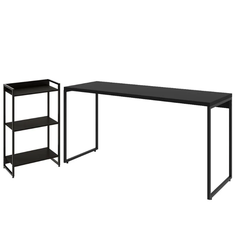 Kit Escritório Estante Areta 3 Prateleiras com Mesa Industrial Aspen 150cm C01 Onix - Lyam Decor - Lyam Decor