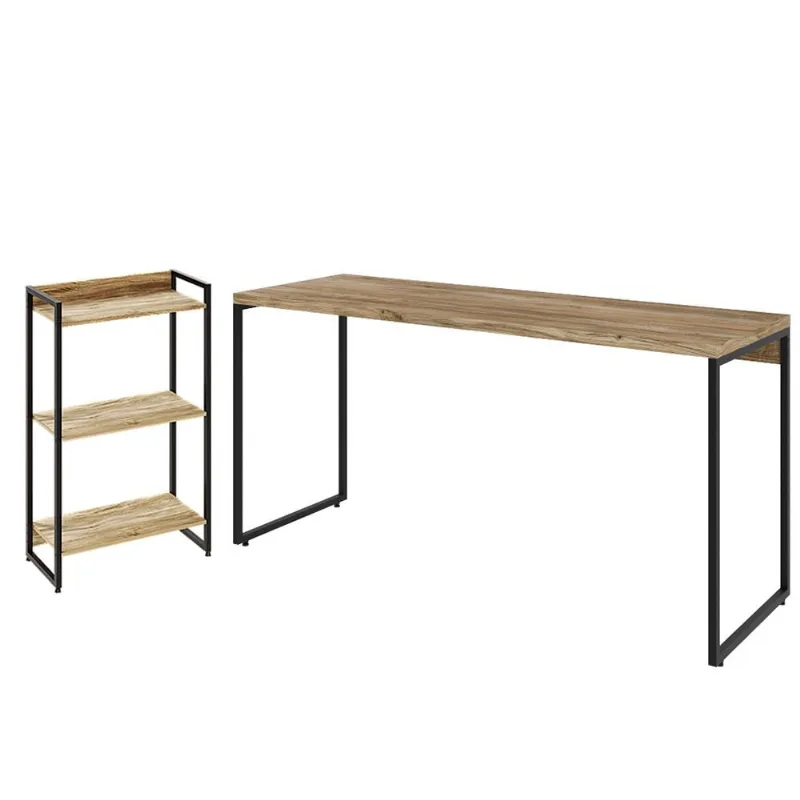 Kit Escritório Estante Areta 3 Prateleiras Mesa Industrial Aspen 150cm C01 Carvalho - Lyam Decor - Lyam Decor