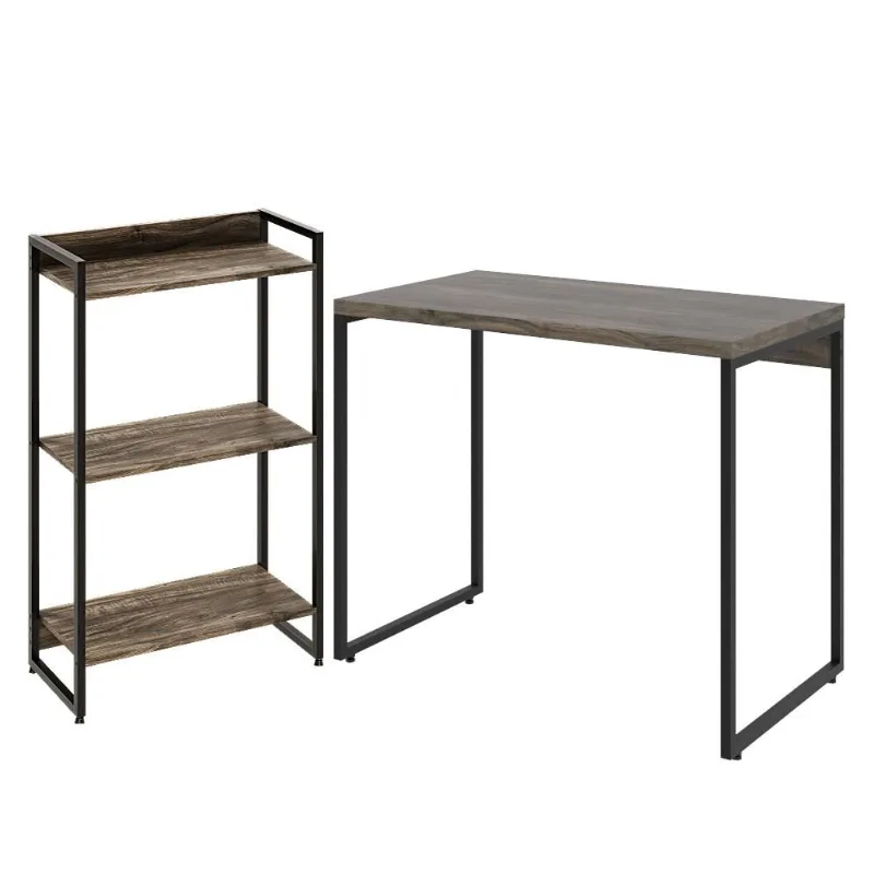 Kit Escritório Estante Areta 3 Prateleiras Mesa Industrial Aspen 90cm C01 Carvalho Dark - Lyam Decor - Lyam Decor