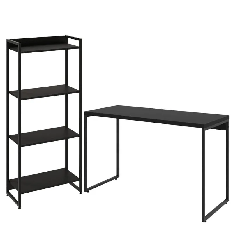 Kit Escritório Estante Areta 4 Prateleiras com Mesa Industrial Aspen 120cm C01 Onix - Lyam Decor - Lyam Decor