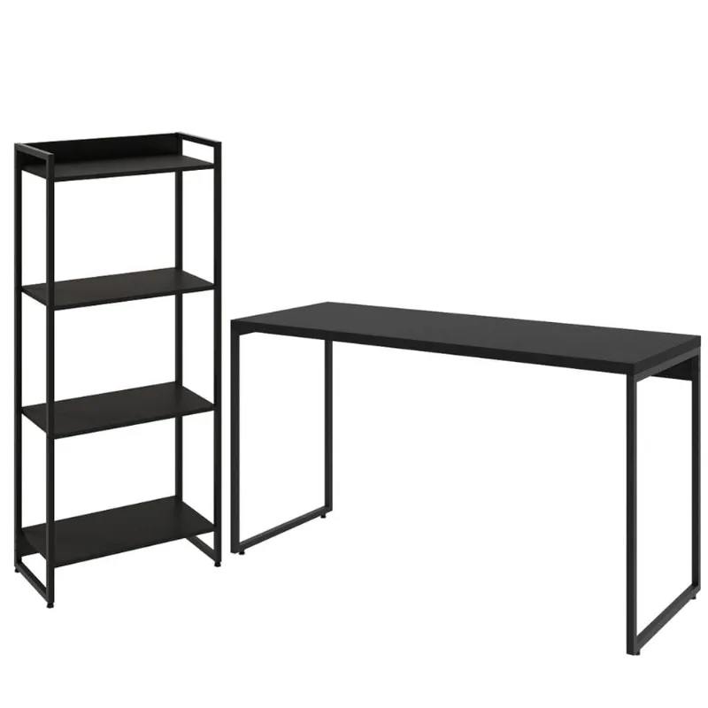 Kit Escritório Estante Areta 4 Prateleiras com Mesa Industrial Aspen 135cm C01 Onix - Lyam Decor - Lyam Decor