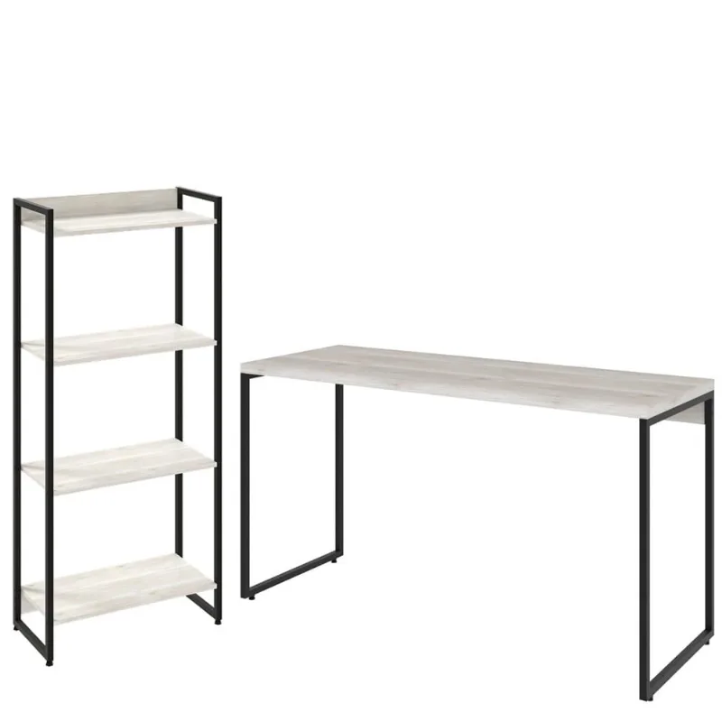 Kit Escritório Estante Areta 4 Prateleiras com Mesa Industrial Aspen 135cm C01 Snow - Lyam Decor - Lyam Decor