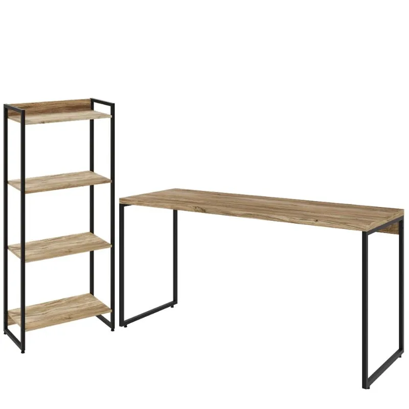 Kit Escritório Estante Areta 4 Prateleiras Mesa Industrial Aspen 150cm C01 Carvalho - Lyam Decor - Lyam Decor