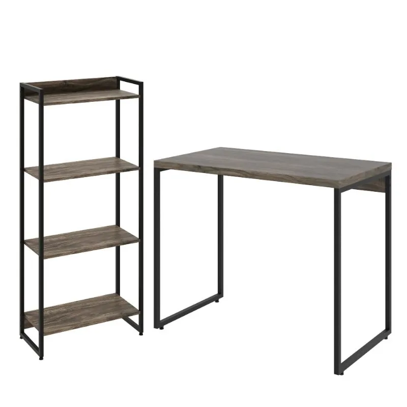 Kit Escritório Estante Areta 4 Prateleiras Mesa Industrial Aspen 90cm C01 Carvalho Dark - Lyam Decor - Lyam Decor