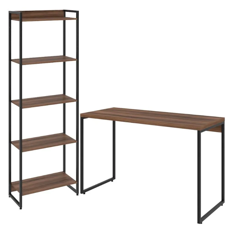 Kit Escritório Estante Areta 5 Prateleiras com Mesa Industrial Aspen 120cm C01 Nogal - Lyam Decor - Lyam Decor