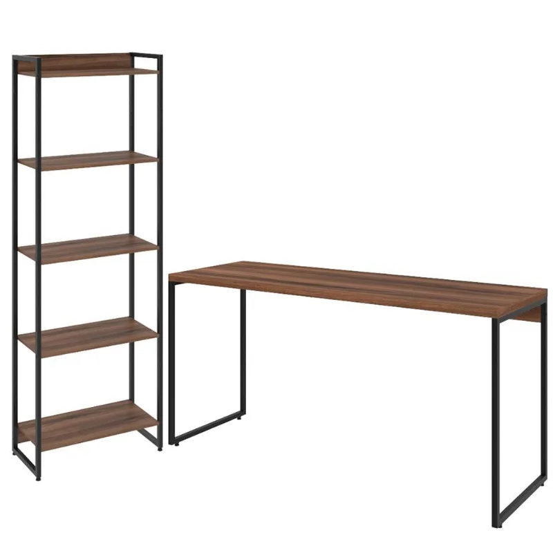 Kit Escritório Estante Areta 5 Prateleiras com Mesa Industrial Aspen 150cm C01 Nogal - Lyam Decor - Lyam Decor