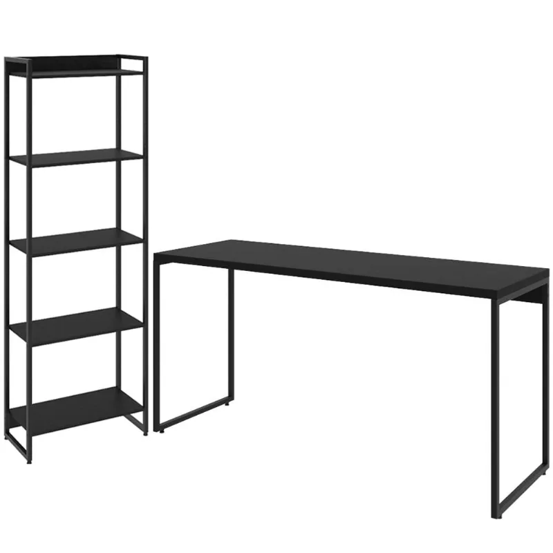 Kit Escritório Estante Areta 5 Prateleiras com Mesa Industrial Aspen 150cm C01 Onix - Lyam Decor - Lyam Decor