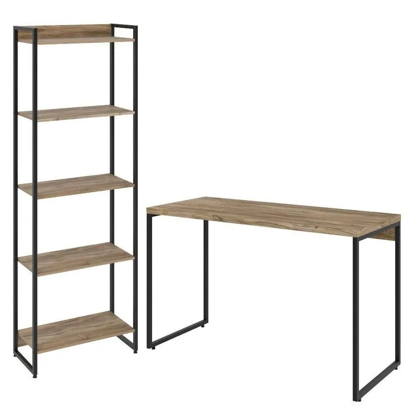 Kit Escritório Estante 5 Prateleiras Mesa 120Cm Carvalho