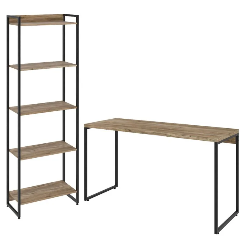 Kit Escritório Estante Areta 5 Prateleiras Mesa Industrial Aspen 135cm C01 Carvalho - Lyam Decor - Lyam Decor