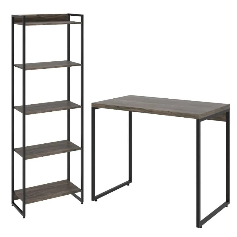 Kit Escritório Estante Areta 5 Prateleiras Mesa Industrial Aspen 90cm C01 Carvalho Dark - Lyam Decor - Lyam Decor