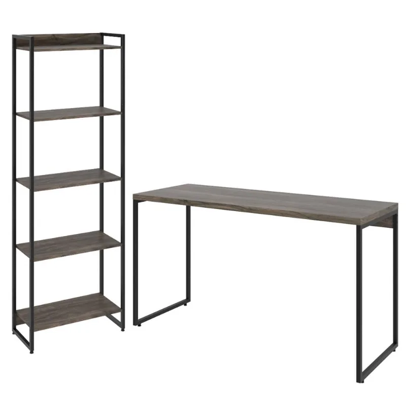 Kit Estante Areta 5 Prateleiras com Mesa Industrial Aspen 135cm C01 Carvalho Dark - Lyam Decor - Lyam Decor