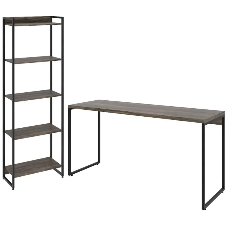 Kit Estante Areta 5 Prateleiras com Mesa Industrial Aspen 150cm C01 Carvalho Dark - Lyam Decor - Lyam Decor