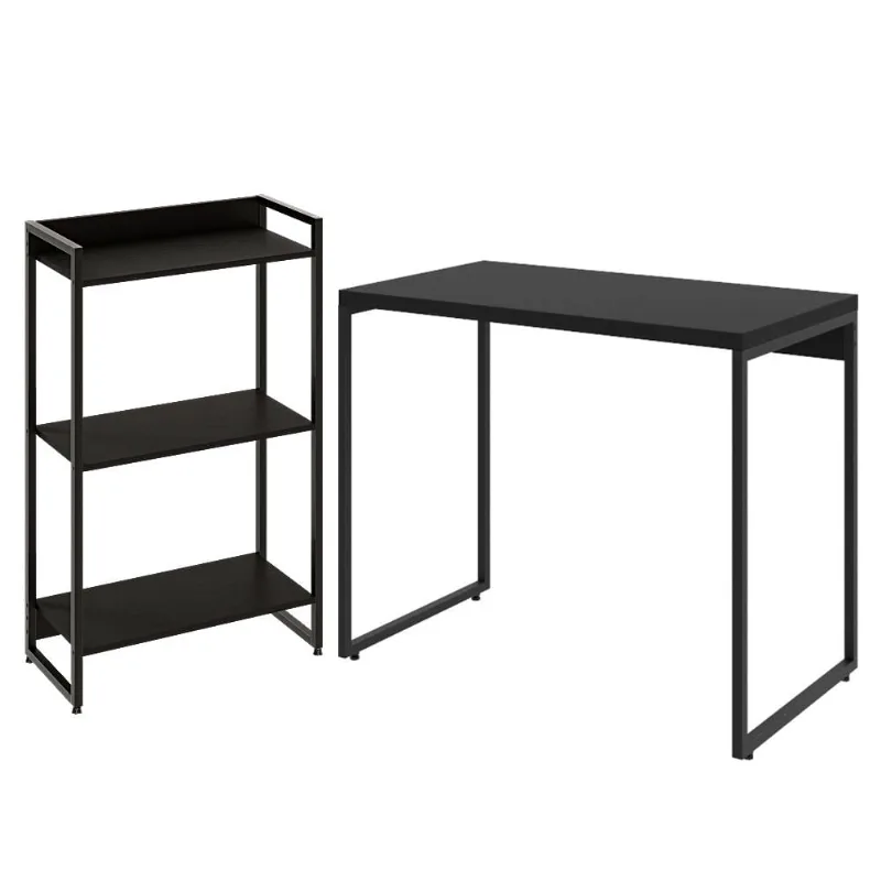 Kit Para Escritório Estante Areta 3 Prateleiras Mesa Industrial Aspen 90cm C01 Onix - Lyam Decor - Lyam Decor