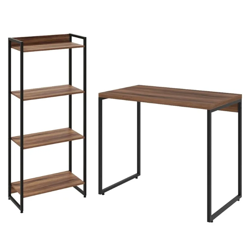 Kit Para Escritório Estante Areta 4 Prateleiras Mesa Industrial Aspen 90cm C01 Nogal - Lyam Decor - Lyam Decor