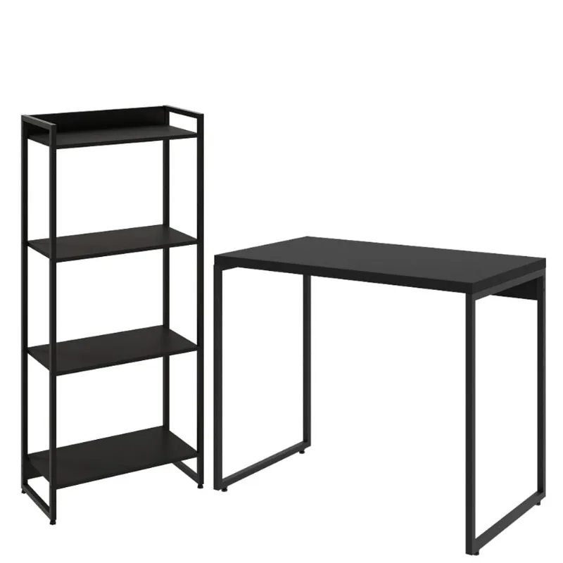 Kit Para Escritório Estante Areta 4 Prateleiras Mesa Industrial Aspen 90cm C01 Onix - Lyam Decor - Lyam Decor