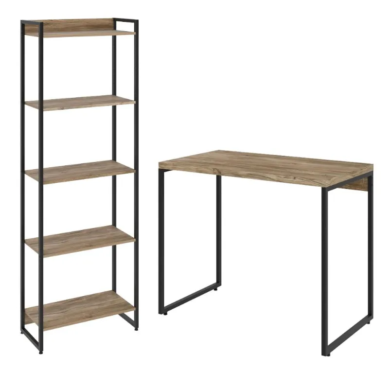 Kit Para Escritório Estante Areta 5 Prateleiras Mesa Industrial Aspen 90cm C01 Carvalho - Lyam Decor - Lyam Decor