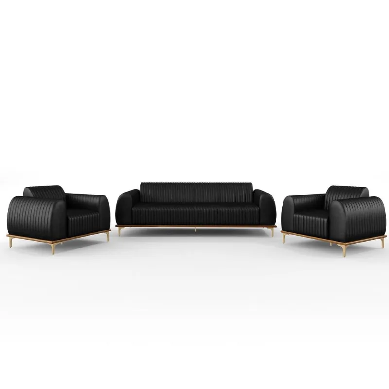 Kit Sofá 2 Lugares 150cm Com 2 Poltronas Molino Pés D'ouro D02 Couríssimo Preto B-159 - Lyam Decor - Lyam Decor