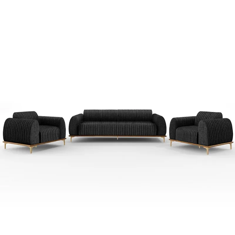 Kit Sofá 2 Lugares 150cm Com 2 Poltronas Molino Pés D'ouro D02 Linho Chumbo D-465 - Lyam Decor - Lyam Decor