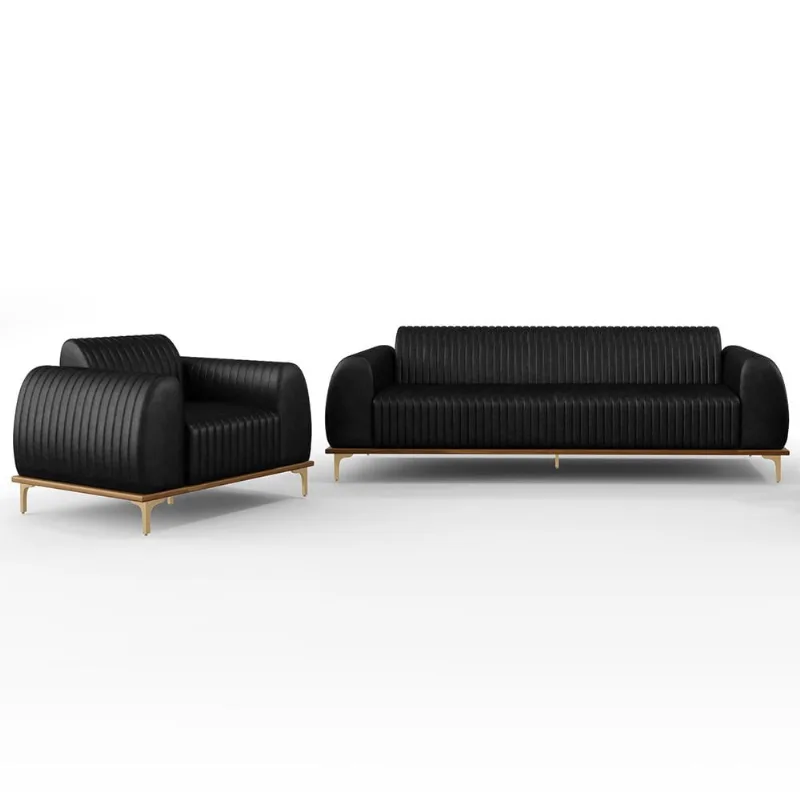 Kit Sofá 2 Lugares 150cm Com Poltrona Molino Pés D'ouro D02 Couríssimo Preto B-159 - Lyam Decor - Lyam Decor