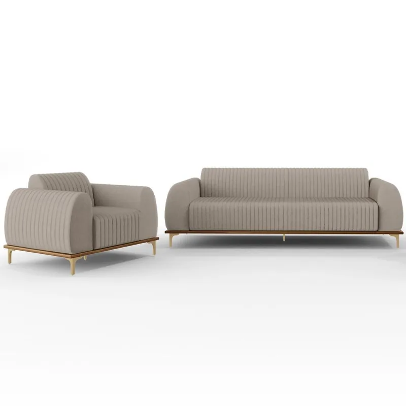 Kit Sofá 2 Lugares Sala Estar 150cm Com Poltrona Molino Pés D'ouro D02 Linho Bege C-107 - Lyam Decor - Lyam Decor
