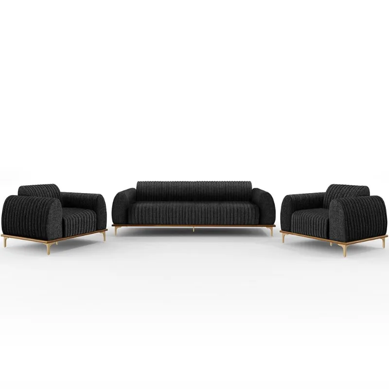 Kit Sofá 3 Lugares 180cm Com 2 Poltronas Molino Pés D'ouro D02 Linho Chumbo D-465 - Lyam Decor - Lyam Decor
