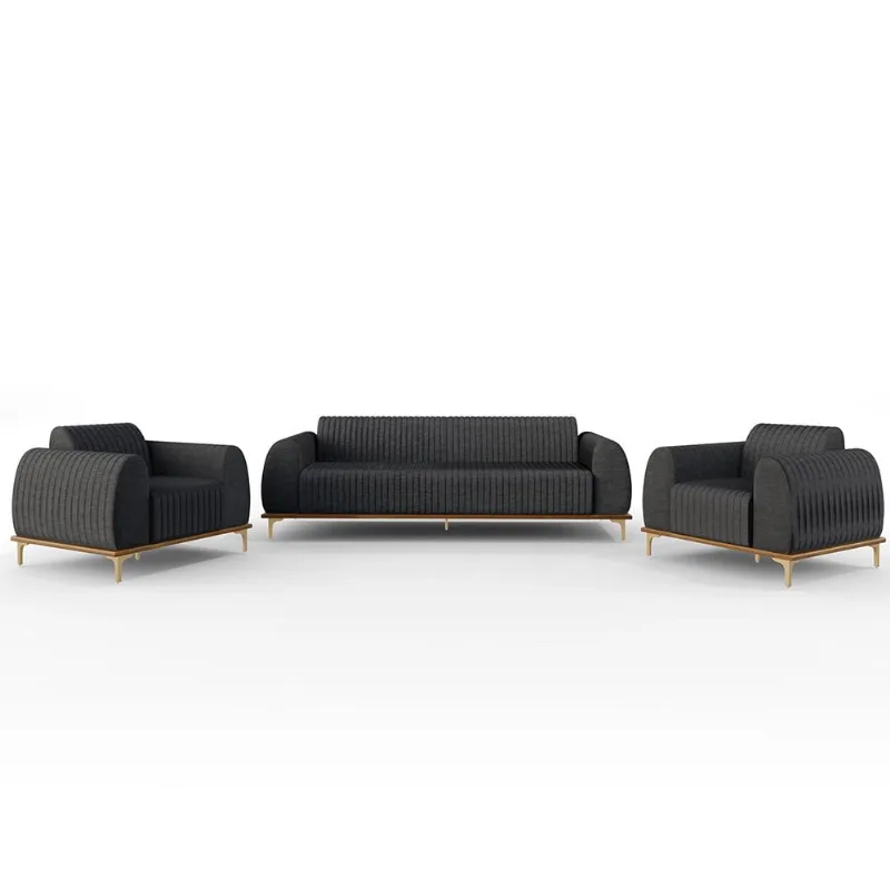 Kit Sofá 3 Lugares 180cm Com 2 Poltronas Molino Pés D'ouro D02 Linho Cinza Escuro C-416 - Lyam Decor - Lyam Decor