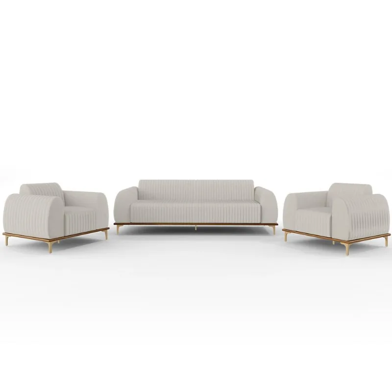 Kit Sofá 3 Lugares 180cm Com 2 Poltronas Molino Pés D'ouro D02 Linho Cru C-443 - Lyam Decor - Lyam Decor