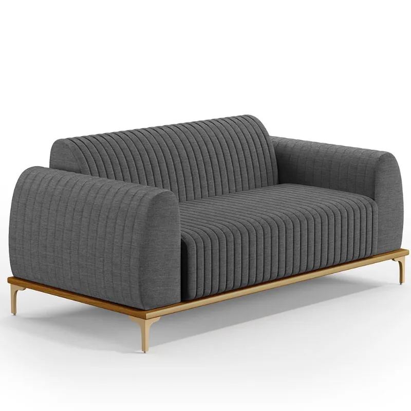 Sofá 2 Lugares Para Sala de Estar Molino 150 cm D02 Pés D'Ouro Linho Cinza Escuro C-416 - Lyam Decor - Lyam Decor