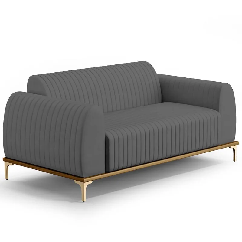 Sofá 2 Lugares Para Sala de Estar Molino 150 cm D02 Pés D'Ouro Veludo Cinza C-317 - Lyam Decor