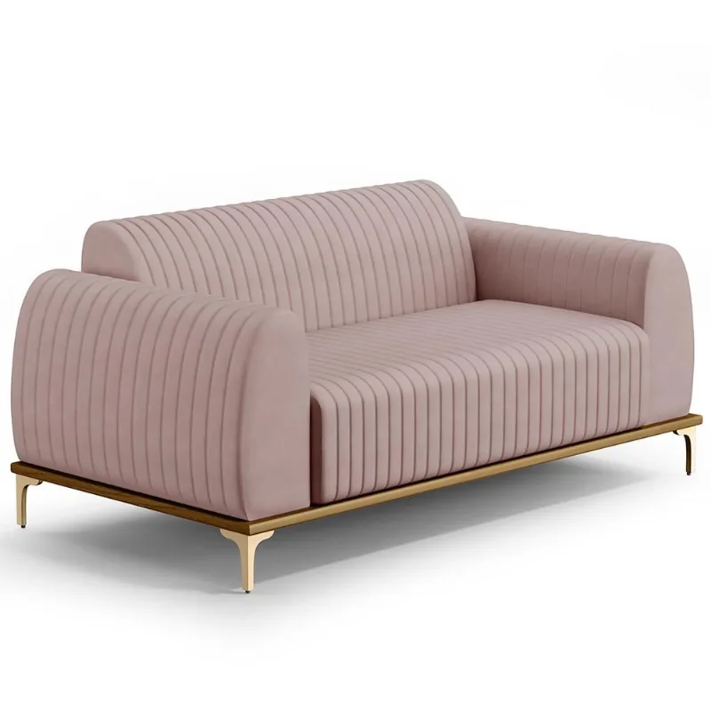 Sofá 2 Lugares Para Sala de Estar Molino 150 cm D02 Pés D'Ouro Veludo Rosê C-305 - Lyam Decor