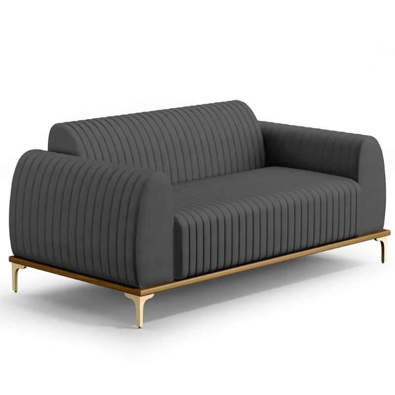Sofá 3 Lugares Para Sala de Estar Molino 180 cm D02 Pés D'Ouro Veludo Cinza C-317 - Lyam Decor - Lyam Decor