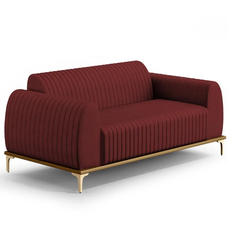 Sofá 3 Lugares Para Sala de Estar Molino 180 cm D02 Pés D'Ouro Veludo Marsala C-278 - Lyam Decor - Lyam Decor