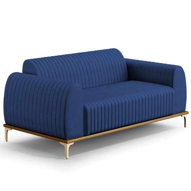 Sofá 3 Lugares Para Sala de Estar Molino 180cm D02 Pés D'Ouro Veludo Azul Marinho C-304 - Lyam Decor - Lyam Decor