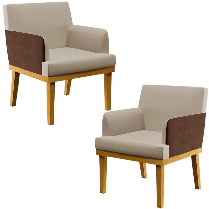 Kit 2 Poltronas Beatriz W01 Linho Bege Couríssimo Marrom Lyam Decor